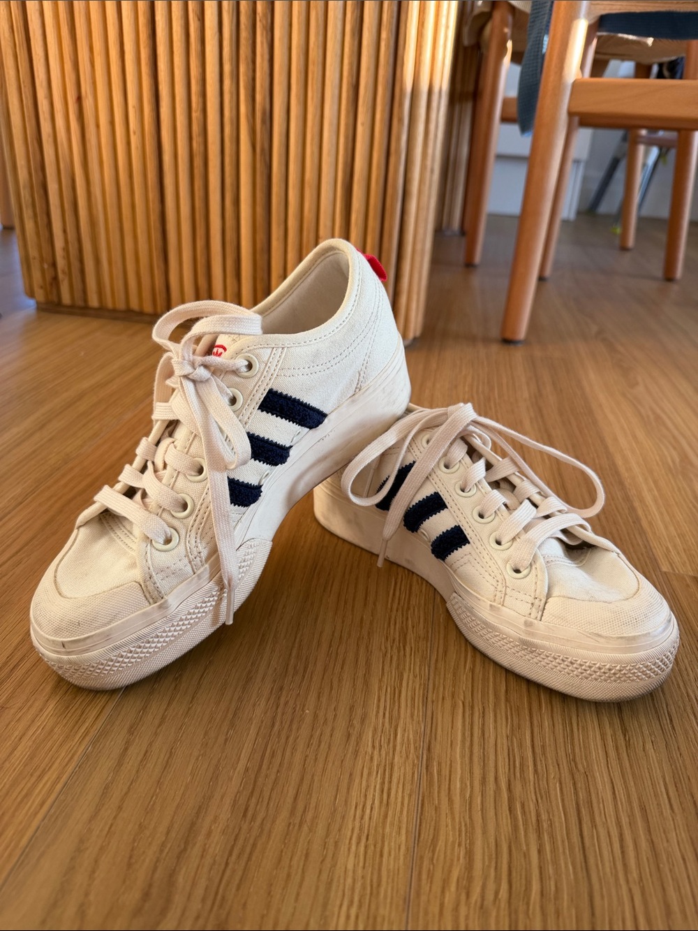 adidas Women Cream Canvas Sneakers with Navy Stripes and Red Heel Tab